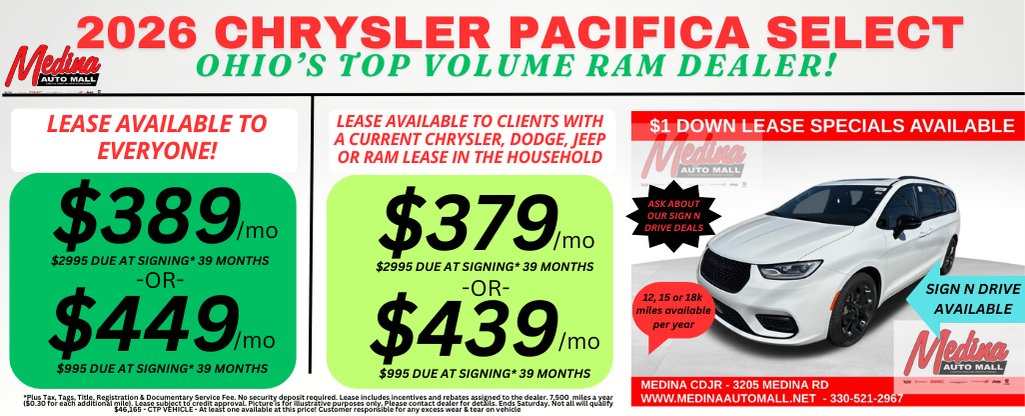 CHRYSLER PACIFICA LEASE DEALS! NEAR AKRON, CLEVELAND AND MEDINA OHIO