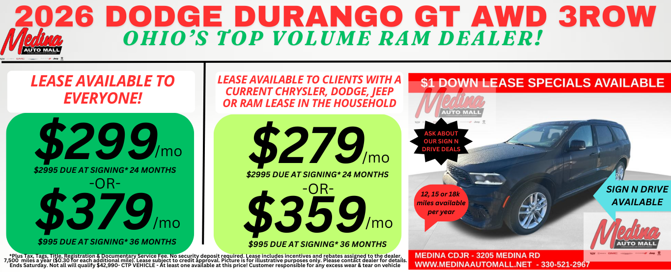 DODGE DURANGO GT AWD LEASE DEALS NEAR AKRON, CLEVELAND AND MEDINA OHIO