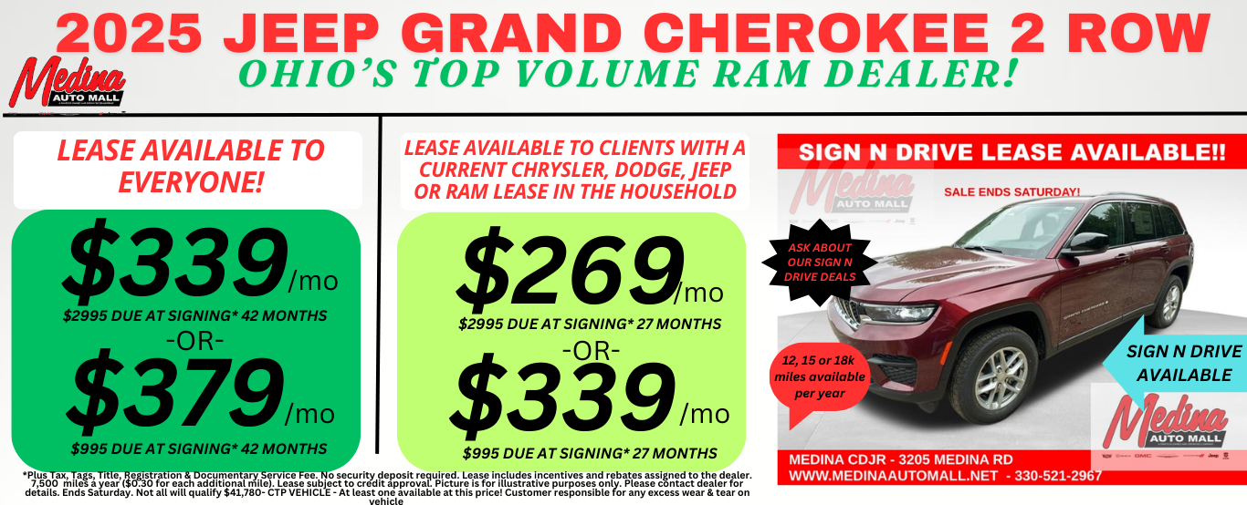 JEEP GRAND CHEROKEE 2 Row LEASE SPECIALS! NEAR AKRON, CLEVELAND AND MEDINA