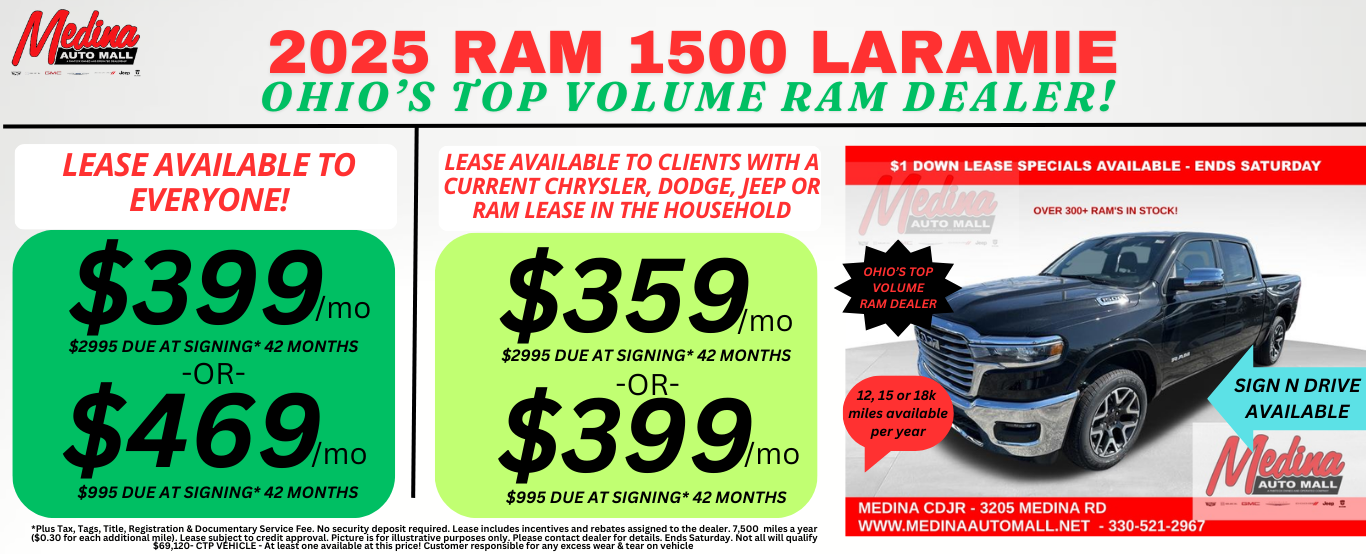 RAM 1500 LARAMIE LEASE SPECIALS! NEAR AKRON, CLEVELAND AND MEDINA OHIO