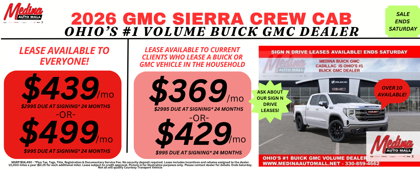 GMC SIERRA CREW CAB LEASE DEALS NEAR AKRON, CLEVELAND AND MEDINA OHIO