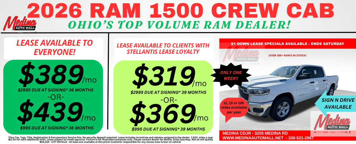 RAM 1500 CREW CAB LEASE SPECIALS! NEAR AKRON, CLEVELAND AND MEDINA OHIO