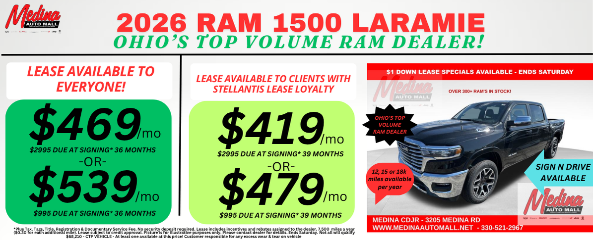 RAM 1500 LARAMIE LEASE SPECIALS! NEAR AKRON, CLEVELAND AND MEDINA OHIO