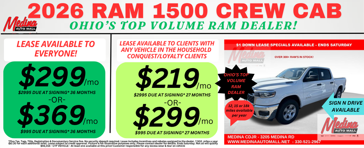 RAM 1500 CREW CAB LEASE SPECIALS! NEAR AKRON, CLEVELAND AND MEDINA OHIO