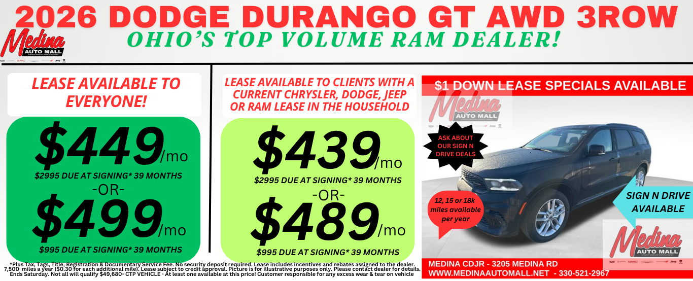DODGE DURANGO GT AWD LEASE DEALS NEAR AKRON, CLEVELAND AND MEDINA OHIO