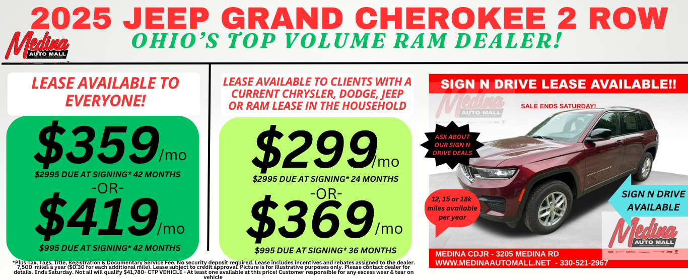 JEEP GRAND CHEROKEE 2 Row LEASE SPECIALS! NEAR AKRON, CLEVELAND AND MEDINA