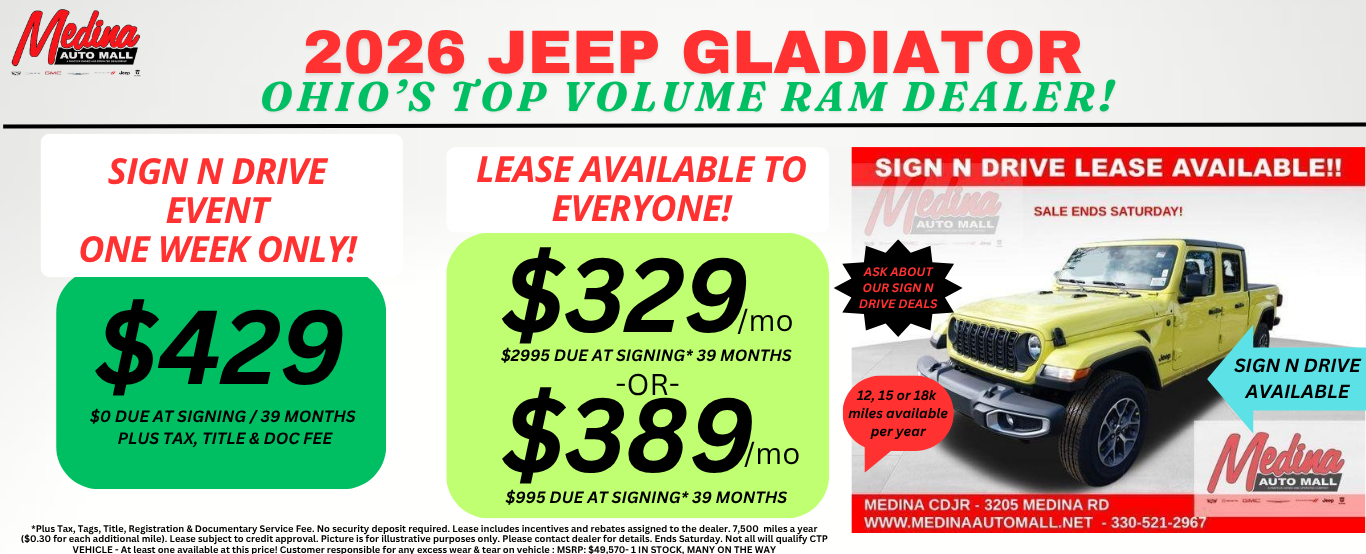 JEEP GLADIATOR LEASE SPECIALS! NEAR AKRON, CLEVELAND AND MEDINA OHIO