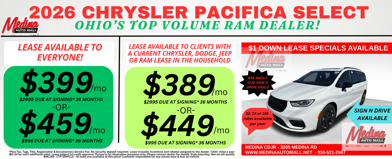 CHRYSLER PACIFICA LEASE DEALS! NEAR AKRON, CLEVELAND AND MEDINA OHIO
