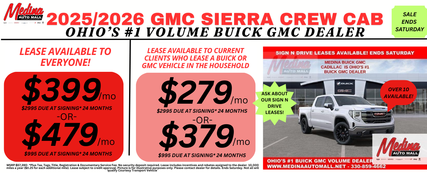 GMC SIERRA CREW CAB LEASE DEALS NEAR AKRON, CLEVELAND AND MEDINA OHIO
