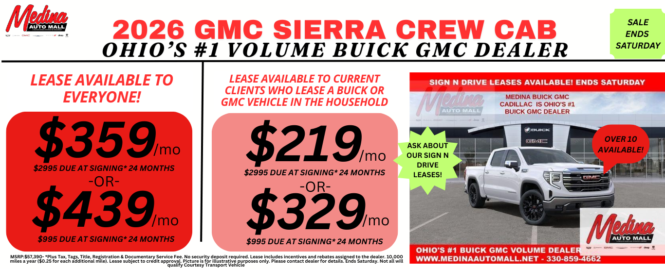 GMC SIERRA CREW CAB LEASE DEALS NEAR AKRON, CLEVELAND AND MEDINA OHIO