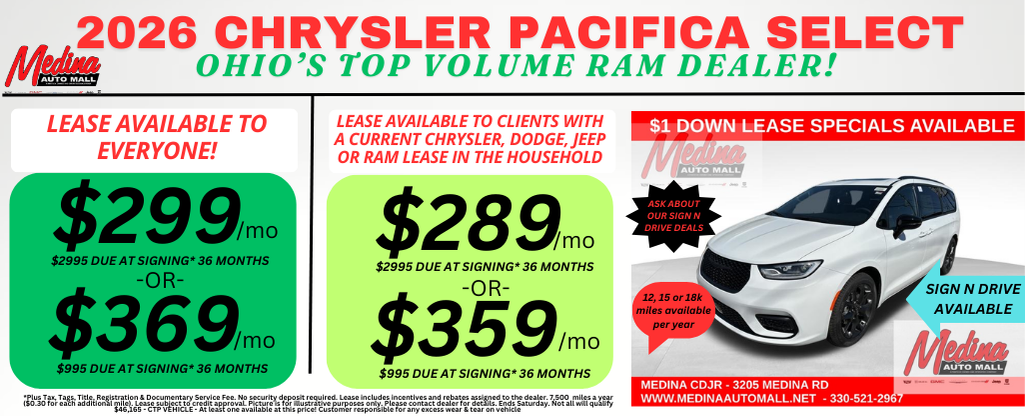 CHRYSLER PACIFICA LEASE DEALS! NEAR AKRON, CLEVELAND AND MEDINA OHIO