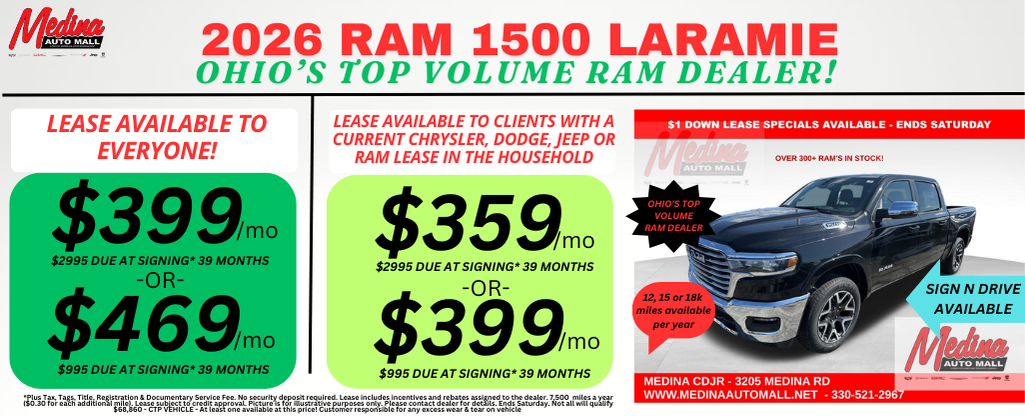 RAM 1500 LARAMIE LEASE SPECIALS! NEAR AKRON, CLEVELAND AND MEDINA OHIO