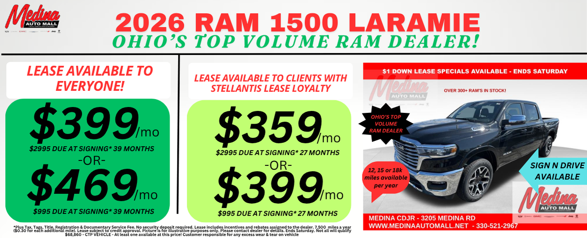 RAM 1500 LARAMIE LEASE SPECIALS! NEAR AKRON, CLEVELAND AND MEDINA OHIO