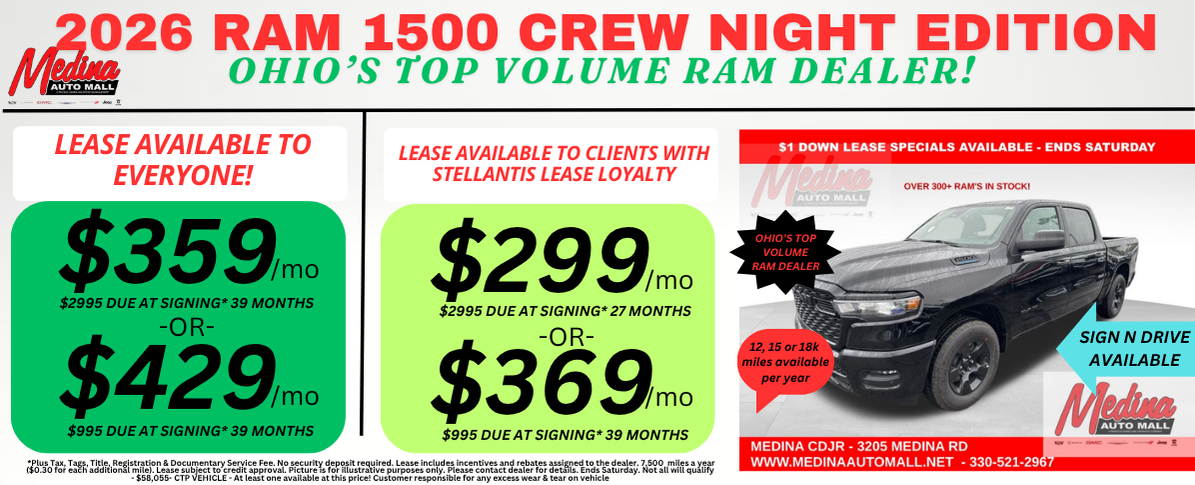 RAM 1500 NIGHT EDITION LEASE SPECIALS! NEAR AKRON, CLEVELAND & MEDINA OHIO