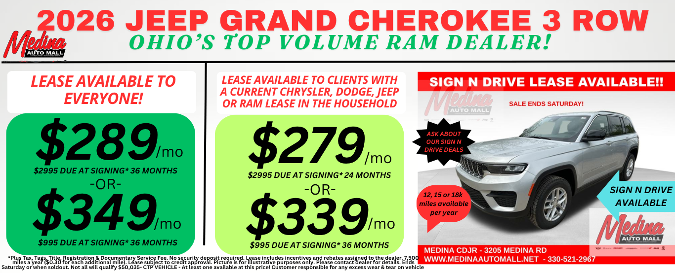 JEEP GRAND CHEROKEE L 3 ROW LEASE SPECIALS! NEAR AKRON, CLEVELAND & MEDINA