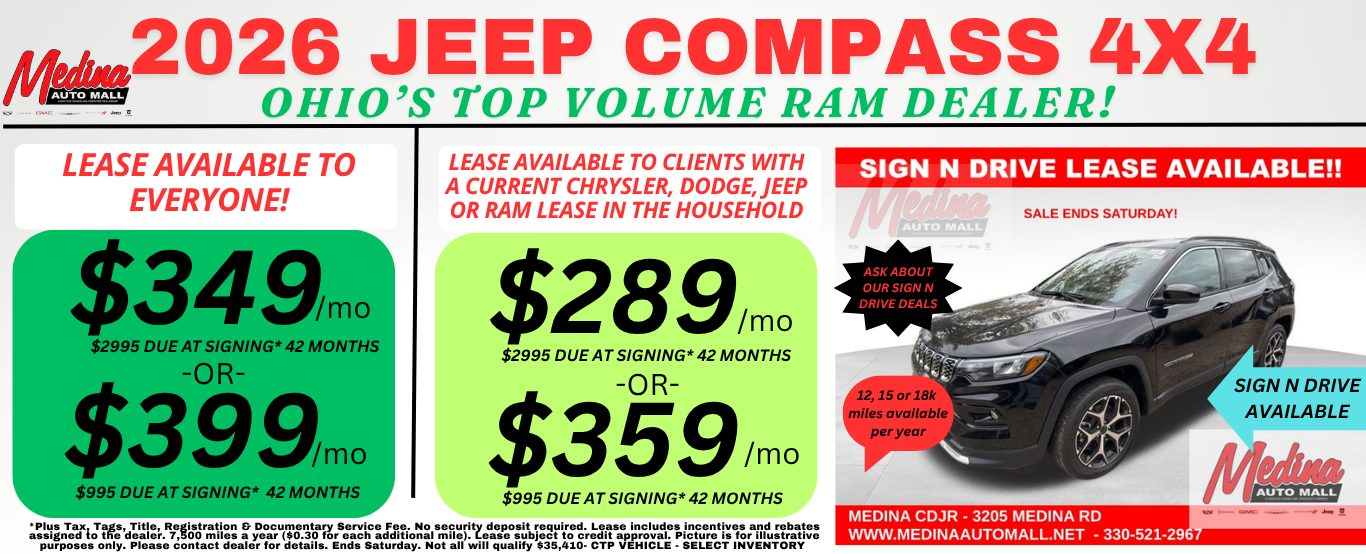 JEEP COMPASS LEASE SPECIALS NEAR AKRON, CLEVELAND AND MEDINA OHIO