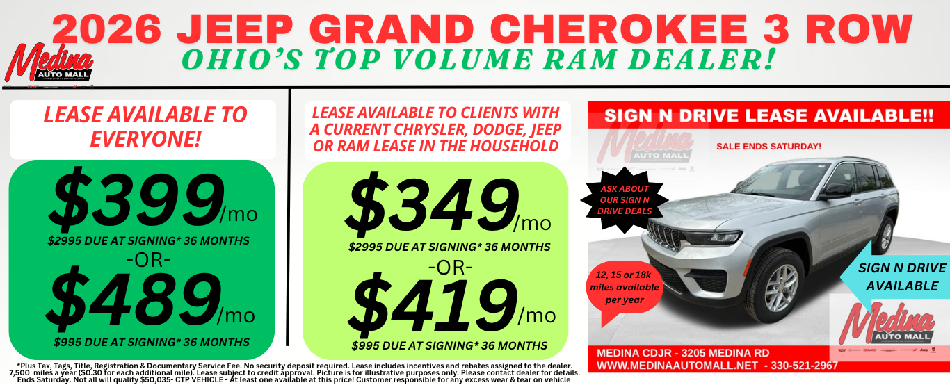 JEEP GRAND CHEROKEE L 3 ROW LEASE SPECIALS! NEAR AKRON, CLEVELAND & MEDINA