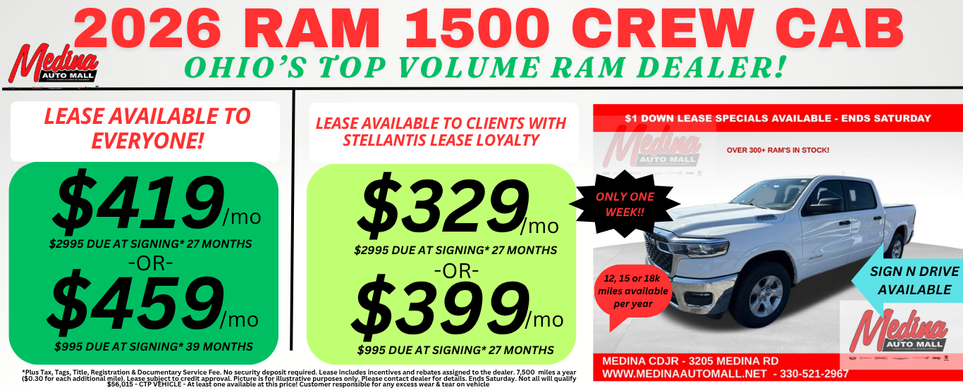 RAM 1500 CREW CAB LEASE SPECIALS! NEAR AKRON, CLEVELAND AND MEDINA OHIO
