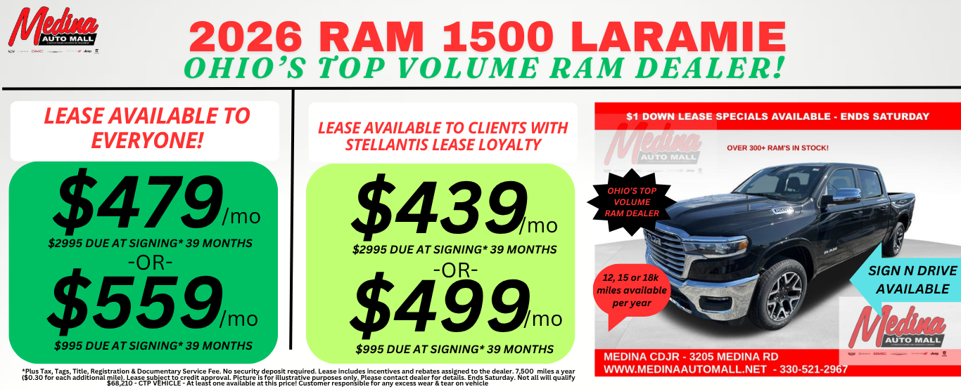 RAM 1500 LARAMIE LEASE SPECIALS! NEAR AKRON, CLEVELAND AND MEDINA OHIO