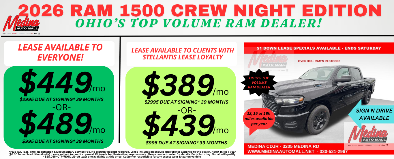 RAM 1500 NIGHT EDITION LEASE SPECIALS! NEAR AKRON, CLEVELAND & MEDINA OHIO